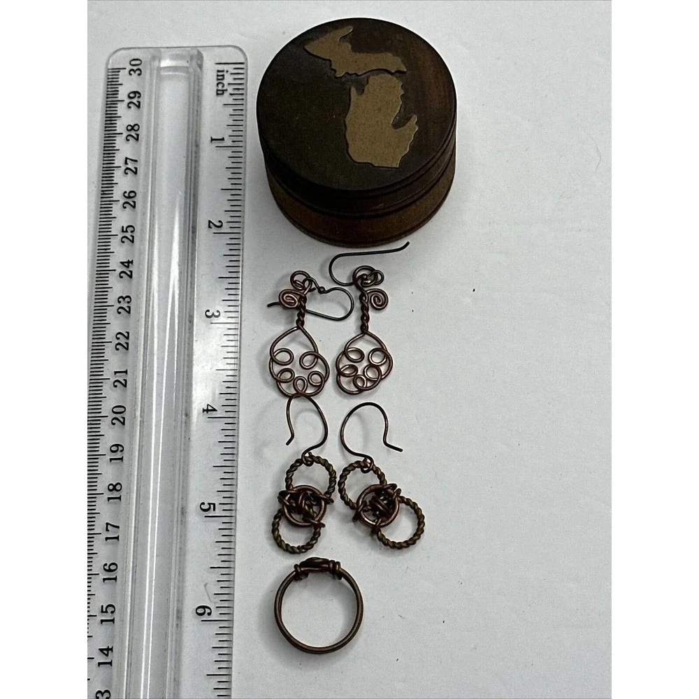 Michigan UP Copper Earrings Dangle Ring size 6.75 Trinket‎ Box Wood SET